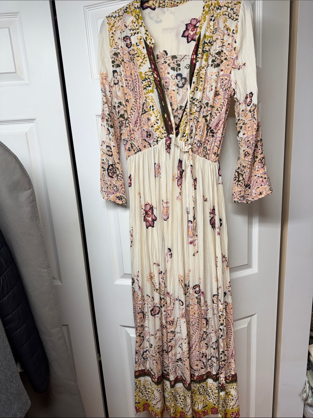 Free People Cream Floral Boho Maxi Dress with Pink and Yellow Accents